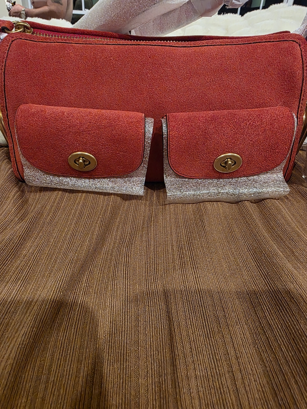 Coach Haversack 27 Candy Apple Suede Double-Pocket Shoulder Bag